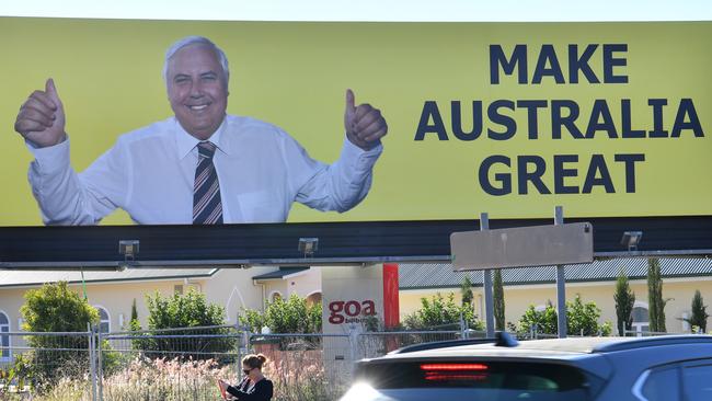 A billboard featuring Clive Palmer in inner Brisbane. Picture: Darren England/AAP