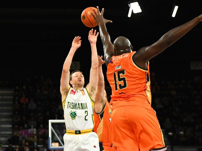 Josh Magette of the JackJumpers shoots during the NBL Blitz match between Cairns Taipans and Tasmania JackJumpers at MyState Bank Arena on November 16, 2021, in Hobart. Picture: Steve Bell/Getty Images