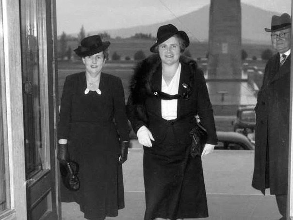 Dorothy Tangney and Enid Lyons were elected to parliament on August 21, 1943. Here they enter parliament to take up their seats in September.