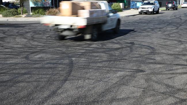 Burnout marks on Harrick Rd in Keilor Park after an illegal gathering of hoon drivers this week. Picture: David Crosling