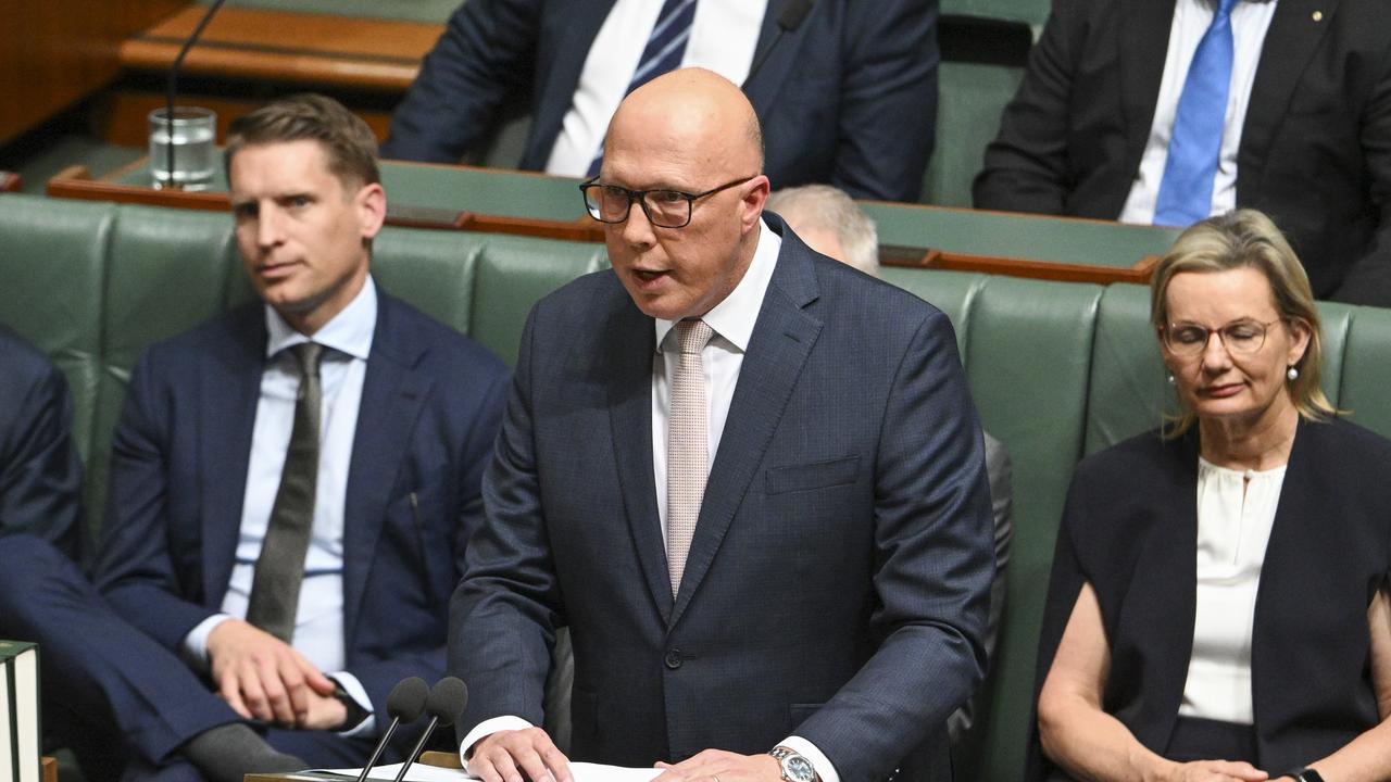 Opposition leader Peter Dutton delivers his budget in reply address at Parliament House in Canberra. Picture: NCA NewsWire / Martin Ollman