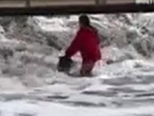 Woman and dog smashed by wave.