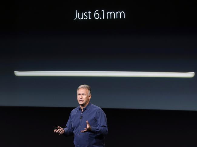 Like a pencil ... Apple worldwide marketing senior vice president Phil Schiller explains that the iPad Air 2 is just 6.1mm thin. Picture: AP Photo/Marcio Jose Sanchez