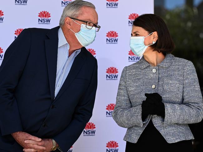 NSW Health Minister Brad Hazzard (left) speaks to NSW Premier Gladys Berejiklian during a COVID-19 press conference in Sydney. Picture: NCA NewsWire/Bianca De Marchi