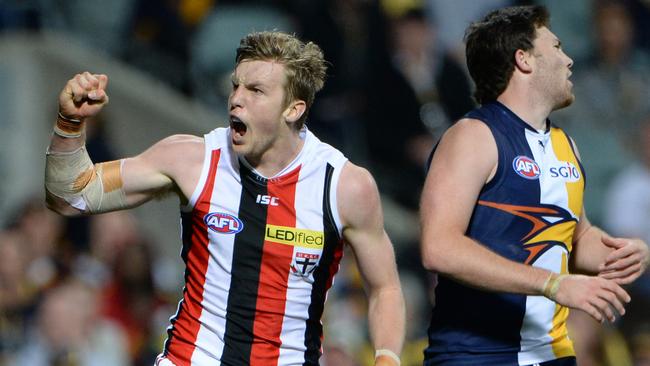 Hugh Goddard celebrates a goal during his days at St Kilda. Picture: Daniel Wilkins