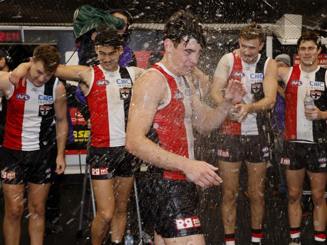 NCA. MELBOURNE, AUSTRALIA. May 2nd, 2025 . AFL .  Round 8.  St Kilda vs Fremantle at Marvel Stadium.   Hugh Boxshall of the Saints cops a shower after his 1st win    . Picture: Michael Klein