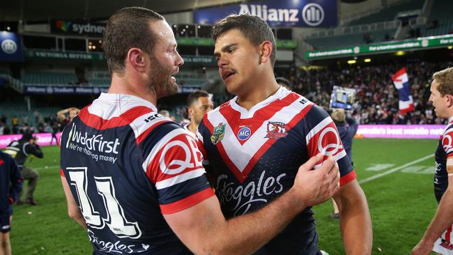 Roosters captain Boyd Cordner (left) says he wants Latrell Mitchell to stay at the club. Picture: Brett Costello