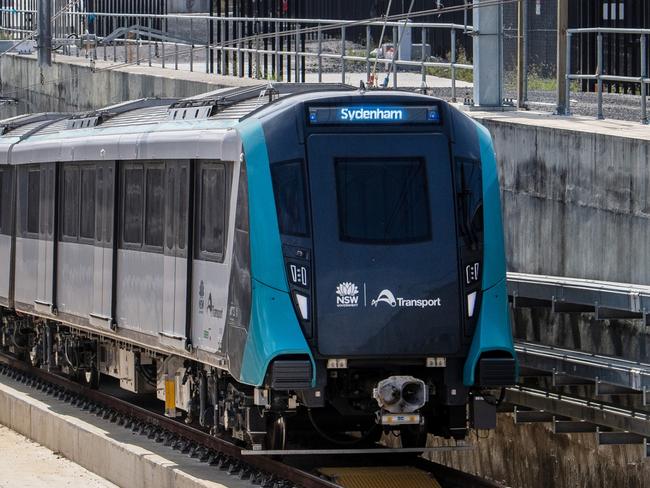 Sydney Metro City and Southwest train TS5 leaves the tunnel at the southern dive during testing.