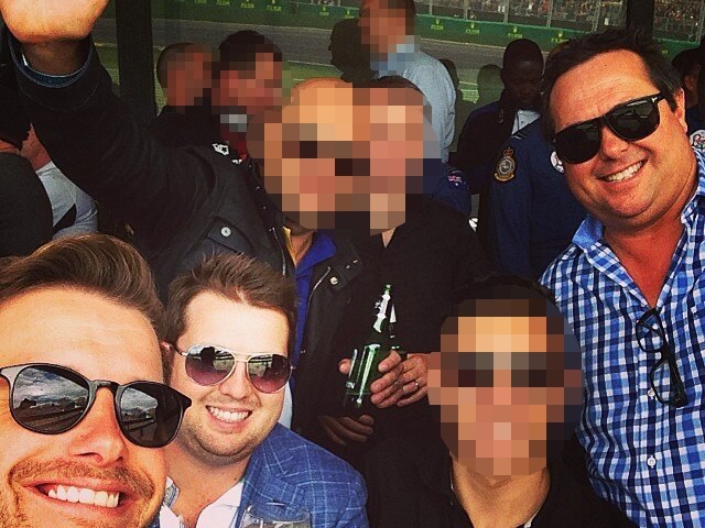 Luke Jacobz beside Braiden Marlborough at the March 2014 Melbourne F1 Grand Prix. Richard Marlborough is on the far-right. Picture: Instagram