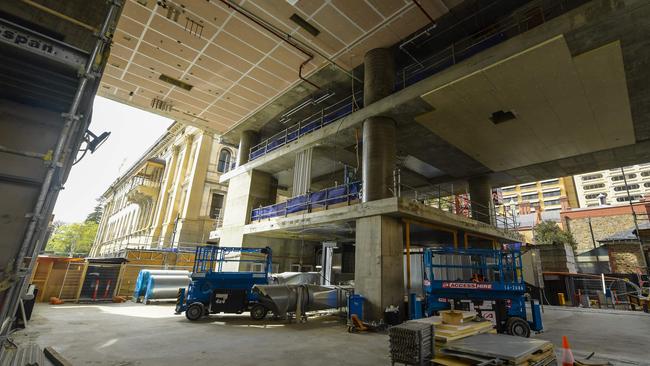 Parliament House (left) and North Tce buildings (right) as seen from the ground floor of Festival Tower, under construction. Pic Roy VanDerVegt