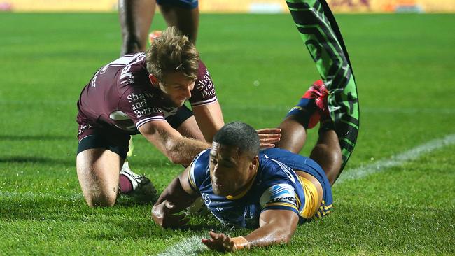 Michael Jennings scores for Parramatta against Manly at Lottoland on Saturday. Picture: Getty Images