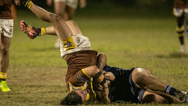Cambridge Park player John Hanson lands awkwardly in the round eight clash with Brothers. Picture: Julian Andrews.