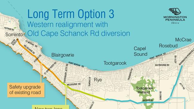 Long term option 3: western realignment with Old Cape Schanck Rd diversion.