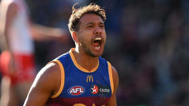 BRISBANE, AUSTRALIA - JULY 21: Callum Ah Chee of the Lions celebrates kicking a goal during the round 19 AFL match between Brisbane Lions and Sydney Swans at The Gabba, on July 21, 2024, in Brisbane, Australia. (Photo by Matt Roberts/AFL Photos/via Getty Images)