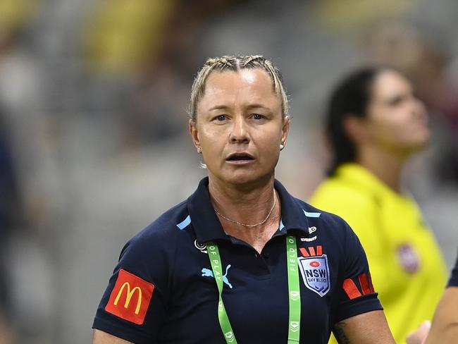 TOWNSVILLE, AUSTRALIA - JUNE 27: Blues coach Kylie Hilder  looks on before game three of the 2024 Women's State of Origin series between Queensland Maroons and New South Wales Sky Blues at Queensland Country Bank Stadium on June 27, 2024 in Townsville, Australia. (Photo by Ian Hitchcock/Getty Images)