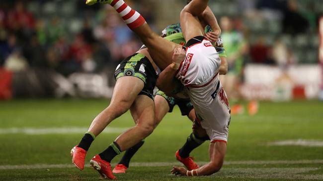 ‘Not a spear tackle’: Tim Lafai is upended by Nick Cotric. Picture: Getty Images