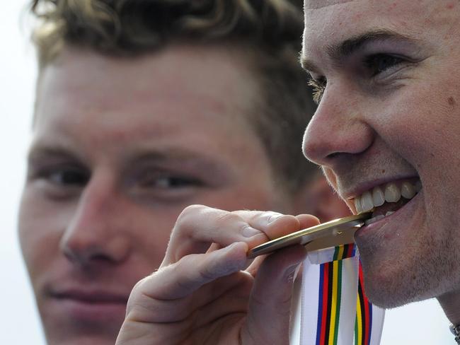 Campbell Flakemore on the podium of the men's Under 23 time trial in Ponferrada on September 22, 2014. Picture: Miguel Riopa