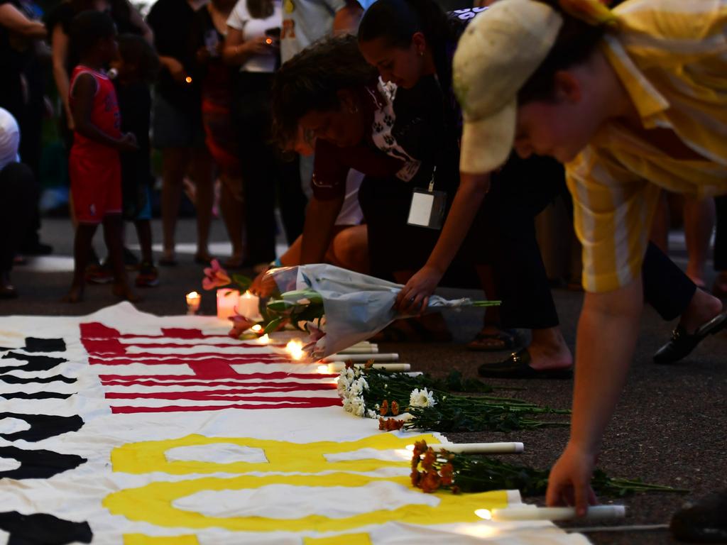 Hundreds of Top End residents gathered outside the NT Parliament on Wednesday for a vigil for Kumanjayi White, a 24-year-old Warlpiri man with a disability who died after being restrained by police in the Alice Springs Coles. Picture: Zizi Averill