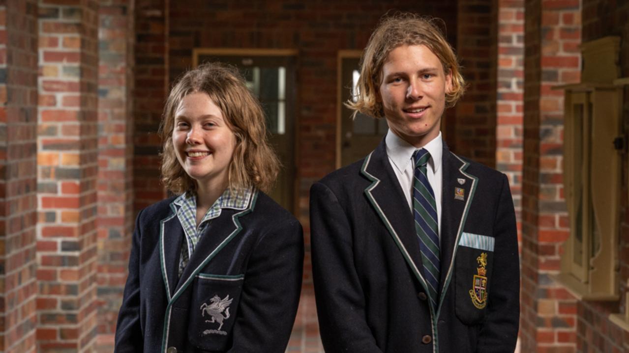 Geelong College VCE high achievers Agnes Ambrose and Sebastian Poliness. Picture: Brad Fleet