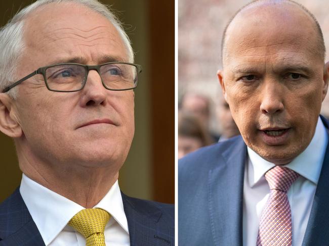 (COMBO) This combination of pictures created on August 23, 2018 shows Australia's Prime Minister Malcolm Turnbull (L) in Canberra on August 22, 2018 and leadership challenger Peter Dutton in Canberra on August 21, 2018. - Australian Prime Minister Malcolm Turnbull's tenuous grip on power came under intense pressure on August 23 with the man who wants his job launching a second leadership challenge in a week and senior ministers defecting. Former home affairs minister Peter Dutton, an ex-police officer and right-wing conservative, said he was confident he now had the numbers to unseat Turnbull, considered a moderate. (Photo by SEAN DAVEY and MARK GRAHAM / AFP)