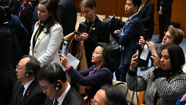 Chinese-born Australian journalist Cheng Lei, centre, at the signing ceremony by Premier Li Qiang and Australian Prime Minister Anthony Albanese. Picture: AAP