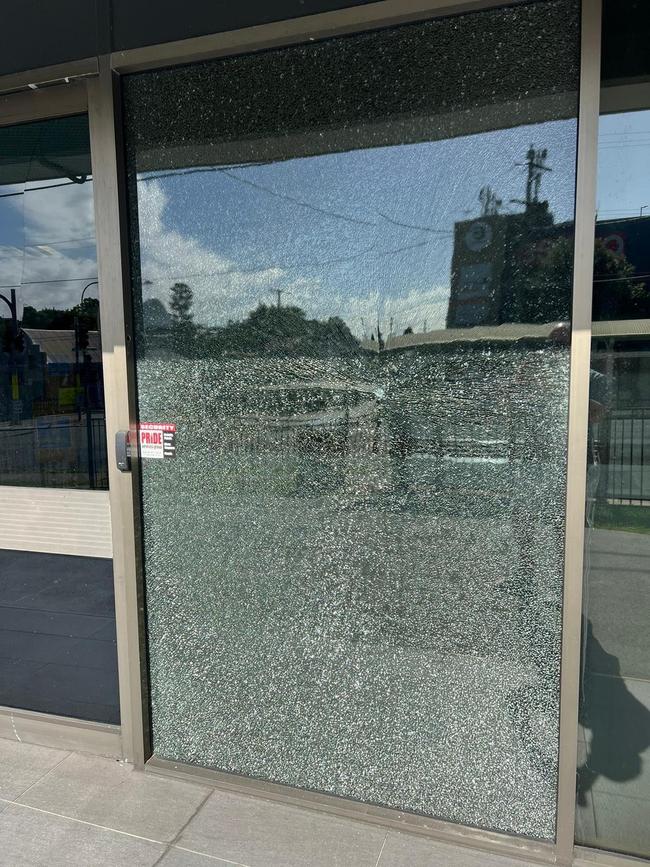 The shattered window of Fiona Cunningham’s office.