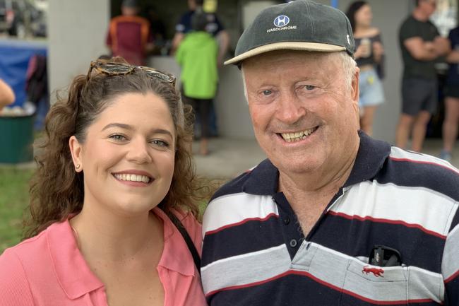 Roger Kirby of Andergrove was teaching his granddaughter Neve Munro of Mackay the ins and outs of rugby union at the Slade Point Slashers v Moranbah Bulls in Mackay Rugby Union Round 4 Seniors A-Grade Anzac Day clash at Cathy Freeman Oval in Slade Point. Saturday, April 23, 2022. Picture: Tara Miko