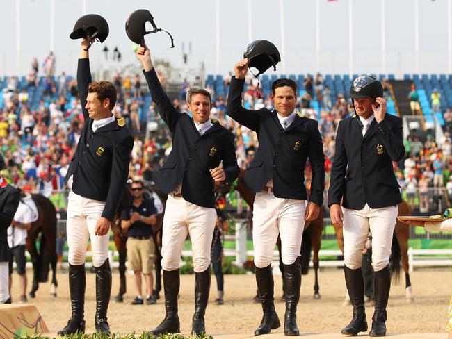Australia's Christopher Burton, Sam Griffiths, Shane Rose and Stuart Tinney during the medal ceremony for the bronze medal in the Equestrian Team Jumping at the Rio 2016 Olympic Games. Picture. Brett Costello