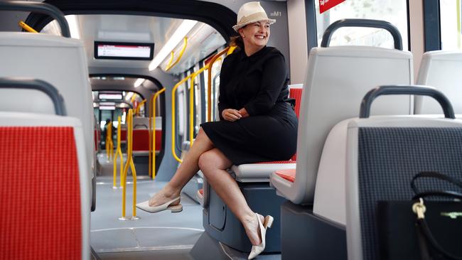 Annette Sharp enjoys a smooth trip on the new tram from Circular Quay to Randwick. Picture: Sam Ruttyn