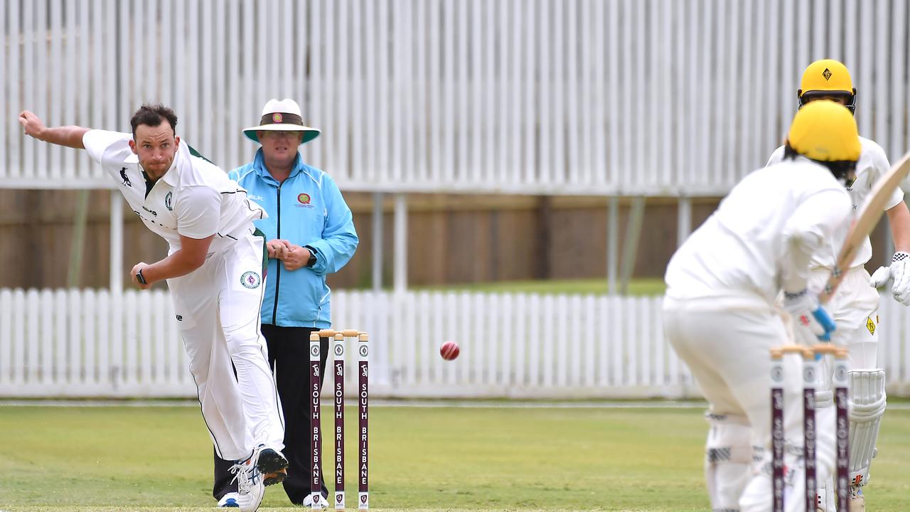 Souths bowler Brandon Honeybrook South Brisbane v Wests in the Sci-Fleet first grade competition. Saturday October 1, 2022. Picture, John Gass