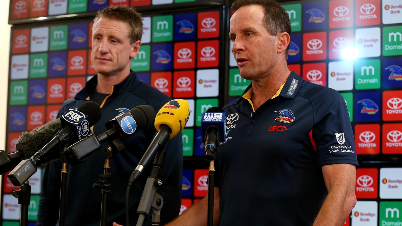 Adelaide Crows head of football Brett Burton and senior coach Don Pyke press conference at West Lakes. Picture: Calum Robertson