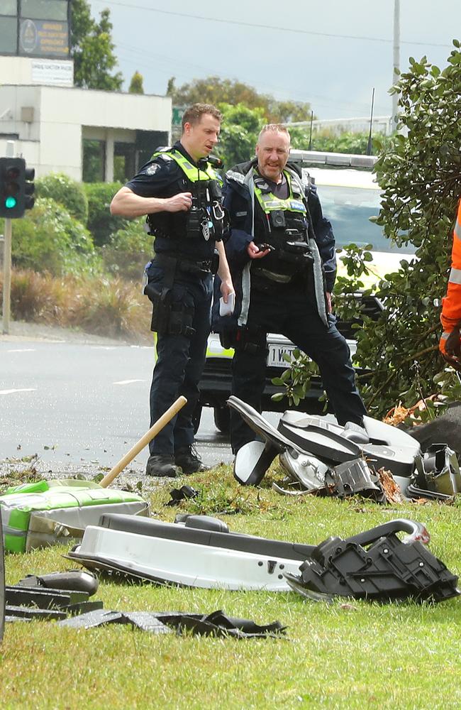 Debris from an accident on Melbourne Rd near Mont Albert Rd. Picture: Alison Wynd