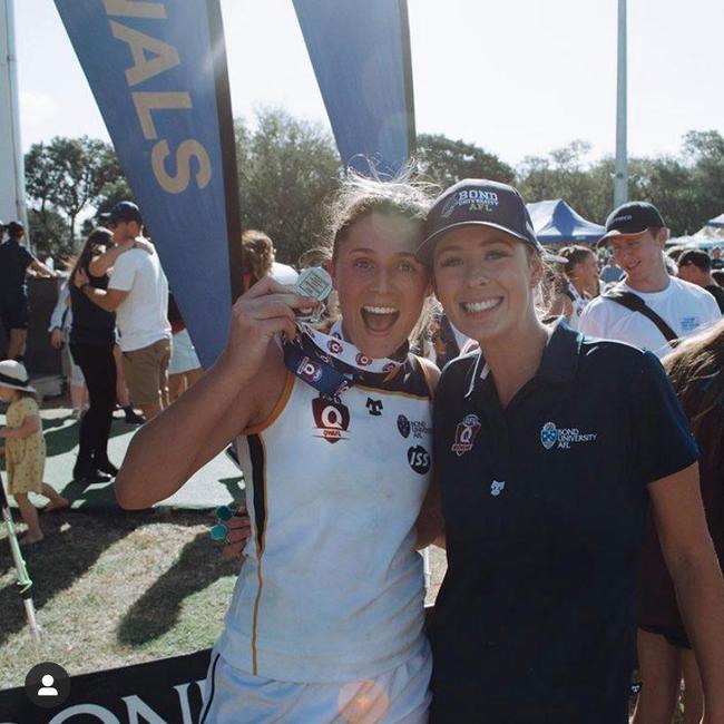 Erin Sundstrom (left) celebrates her best on ground performance with Madi Funnell. Pic: Supplied.