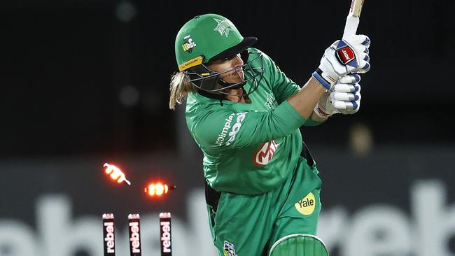 Stars' Mignon du Preez is bowled by Scorchers' Sophie Devine during the WBBL Semi Final between the Perth Scorchers and Melbourne Stars at North Sydney Oval. Picture. Phil Hillyard