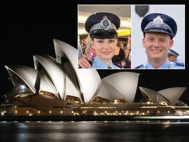 Sydney's Opera House sails will be lit up in blue on Wednesday night to pay tribute to Constable Rachel McCrow and Constable Matthew Arnold, the two Queensland police officers slain in Monday's horror siege. Pictures: News Corp/Supplied