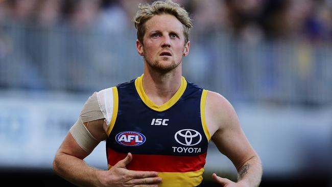 Rory Sloane leaves Optus Stadium after copping a knock to the eye on Sunday. Picture: Will Russell/AFL Photos via Getty Images