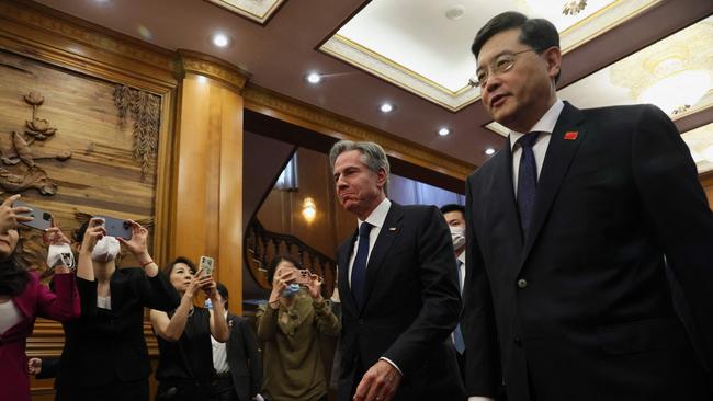 Blinken walks with China's Foreign Minister Qin Gang ahead of a meeting in Beijing. Beijing has had to explain to the Chinese public why senior leaders are pivoting to welcoming the secretary of state after having dragged their feet on rescheduling his visit since the balloon incident. Picture: AFP