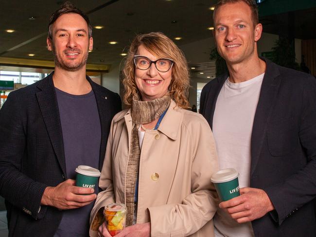 Co-Founder of LivEat Chris Button, Hobart Airport Operations Manager Kate Chessells and LivEat Co-Founder Troy Sutcliffe at Hobart Airport.Picture: Linda Higginson