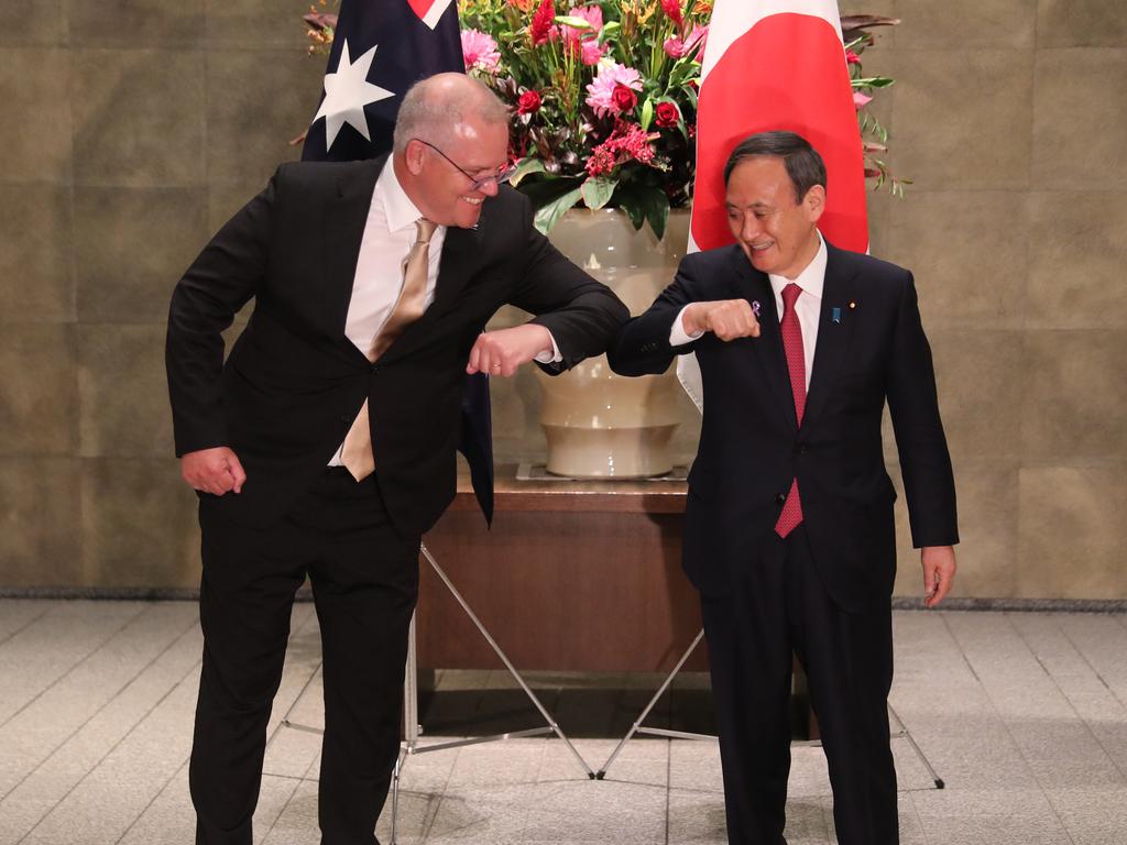 Scott Morrison officially meets Japanese Prime Minister Yoshihide Suga in Tokyo on Tuesday. Picture: Adam Taylor