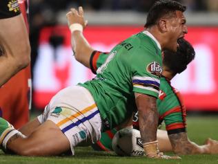 Canberra's Josh Papalii scores a try during the Canberra Raiders v South Sydney Preliminary NRL Final at GIO Stadium, Canberra.