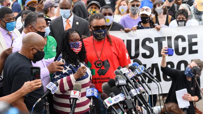 Rev. Jesse Jackson and Justin Blake speak to media at a community celebration and call for justice for Jacob Blake in Kenosha, Wisconsin. Picture: Getty Images