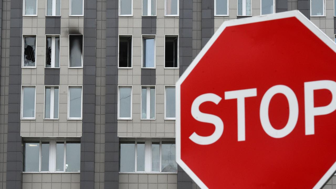 Damaged windows after a fire broke out in the St George Hospital in Saint Petersburg. The blaze killed five coronavirus patients. Picture: Olga Maltseva/AFP