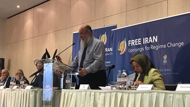 Don Nardella speaking at a conference in France on freedom for Iran. Picture: Twitter