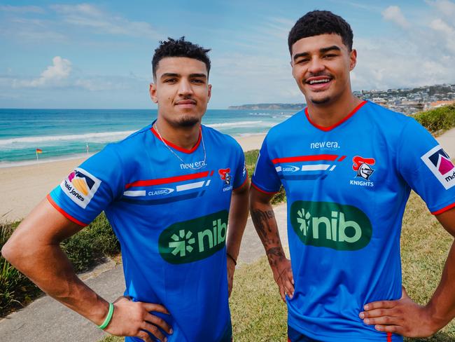 English recruits Kai Pearce-Paul and Will Pryce wearing Newcastle colours for the first time. Credit: Supplied.