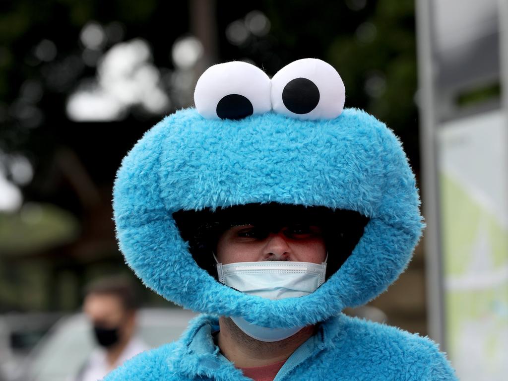 A Cricket fan dressed as Cookie Monster arriving at the SCG.