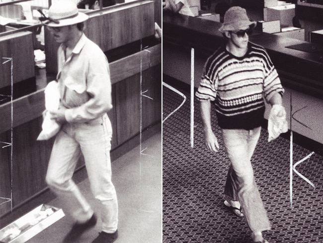 Left, a safari shirt bandit who robbed a number of banks in Collins St in 1989. Right, a thong-wearing robber stole $2500 from a Sunshine Commonwealth Bank in 1988.