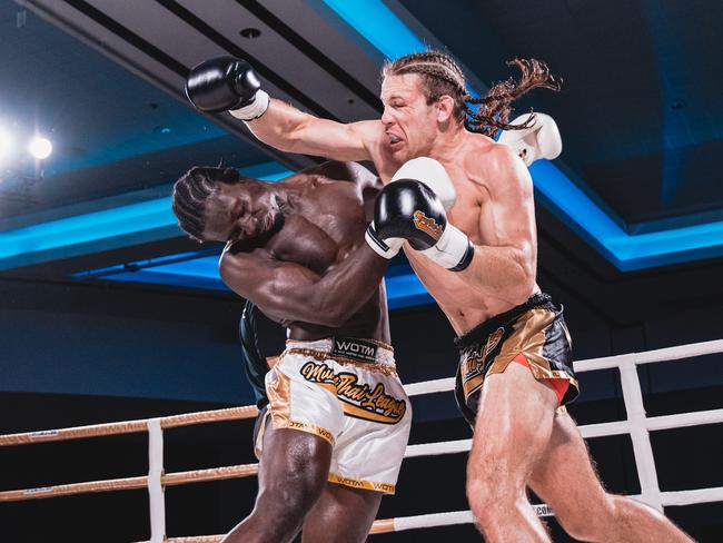 Jayden Eynaud pictured in his MTL11 win over Gerardo Atti for the WBC Muaythai Cruiserweight world title. Picture: Brad Scott Photography.