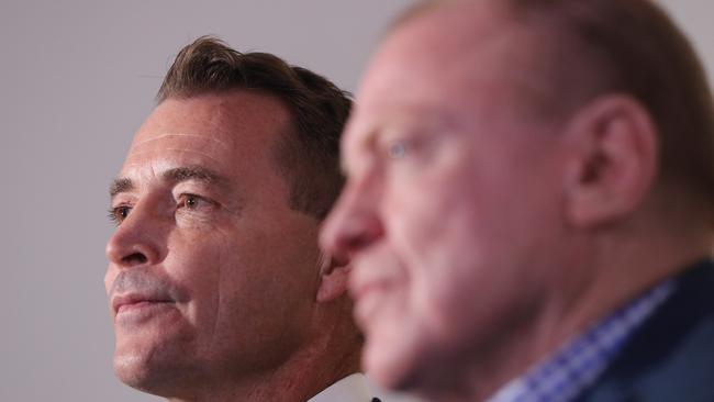 Steve Mitchell and chairman Dennis Watt at a press conference. Picture: Glenn Hampson