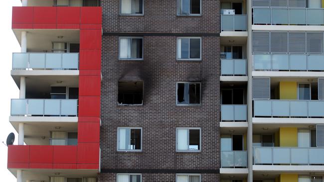 The burnt out fifth-story windows of the Euro Terraces building where Connie Zhang died after leaping to escape the fire in 2012. Picture: John Grainger