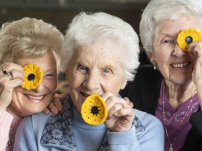 DoSomething Day 2018. Senior women at Blue Hills Village in Prestons have knitted 500 poppies for the Invictus Games.  May Tilly, Dot Macarthy and Pam Lee. Photographed 25th July 2018.  (AAP IMAGE/Matthew Vasilescu)